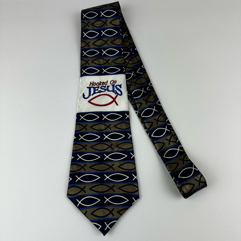 Steven Harris Men's Handmade Hooked On Jesus Novelty Tie Blue Black White